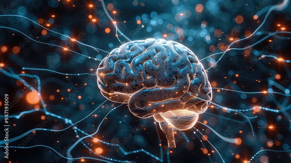 Aufkleber a human brain connected to a network of wires and digital streams, with the brain synapses glowing b