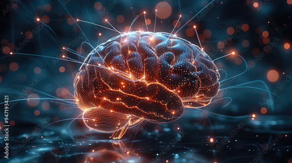 Aufkleber a human brain connected to a network of wires and digital streams, with the brain synapses glowing b