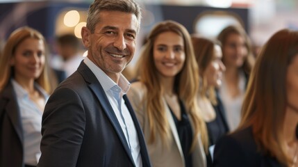 Fototapeta premium Trade shows help a man and a woman build brand loyalty, analyze competitors, and form partnerships. They also provide media coverage to promote their brand widely.