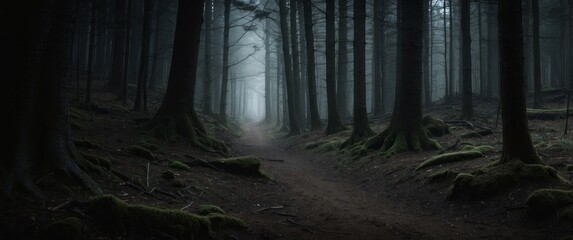 Fototapeta premium A misty forest path with tall trees and exposed roots