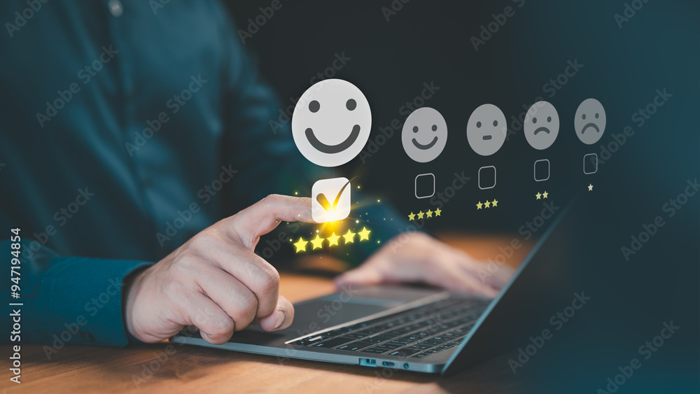Poster customer selects a happy smile face icon on a virtual screen on a laptop, signaling satisfaction in 