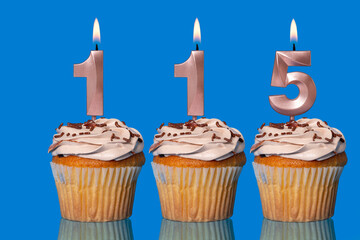 Birthday Cupcakes With Candles Lit Forming The Number 115.