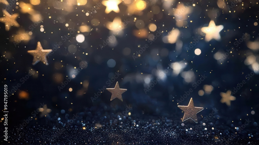 Poster a collection of minimalist stars in various sizes shimmer in gold, set against a dark background tha