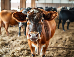 Happy Dairy Cow with Flare Light Image Serene Farm Scene Picture