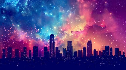 Obraz premium Cityscape Silhouetted Against a Glittering Galaxy
