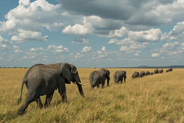 Obraz premium Elephants move as a united group across the broad grasslands, with the setting sun casting a warm glow. The aerial shot captures their majestic grandeur in the wild.