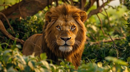 Fototapeta premium African lion peering through dense foliage, its golden eyes exuding strength and determination. Perfect for wildlife photography and conservation campaigns.