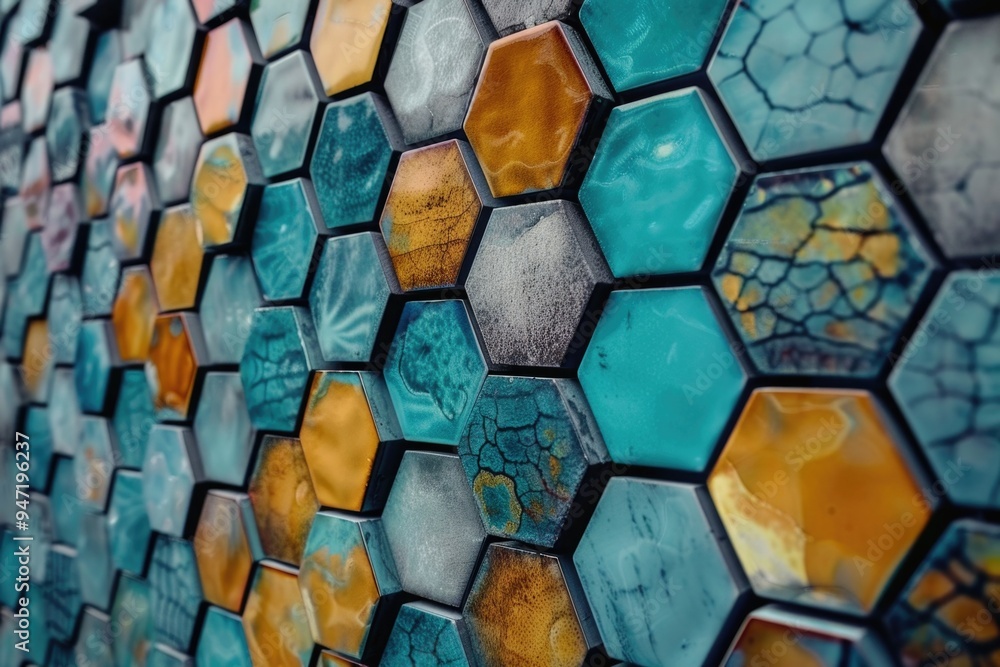 Poster A detailed view of a wall constructed from individual tiles, with a focus on the texture and pattern