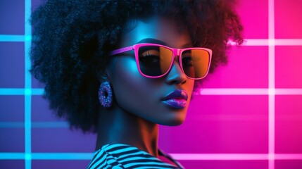 Stylish woman with sunglasses in vibrant neon lights, showcasing a contemporary afro hairstyle and fashion-forward accessories in a modern setting.