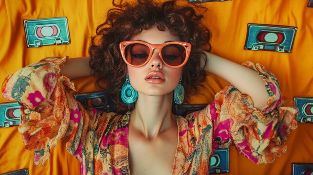 Stylish young woman in vibrant retro outfit with sunglasses lying on orange background with vintage cassette tapes.