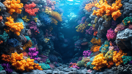 Fototapeta premium A vibrant underwater scene showcasing a colorful coral reef teeming with life, illuminated by sunlight filtering through the water.