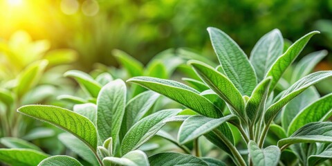 Obraz premium Green Culinary Sage plant with aromatic silver-green leaves in a garden setting, Sage, culinary herb, plant, green