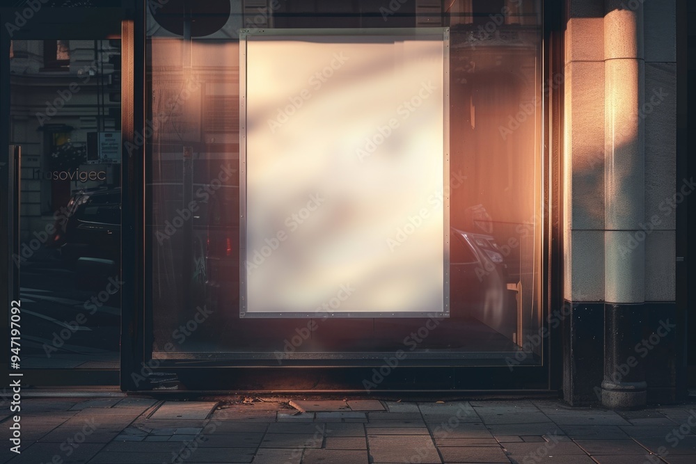 Poster a picture on display in a building's window, offering a glimpse into the world outside
