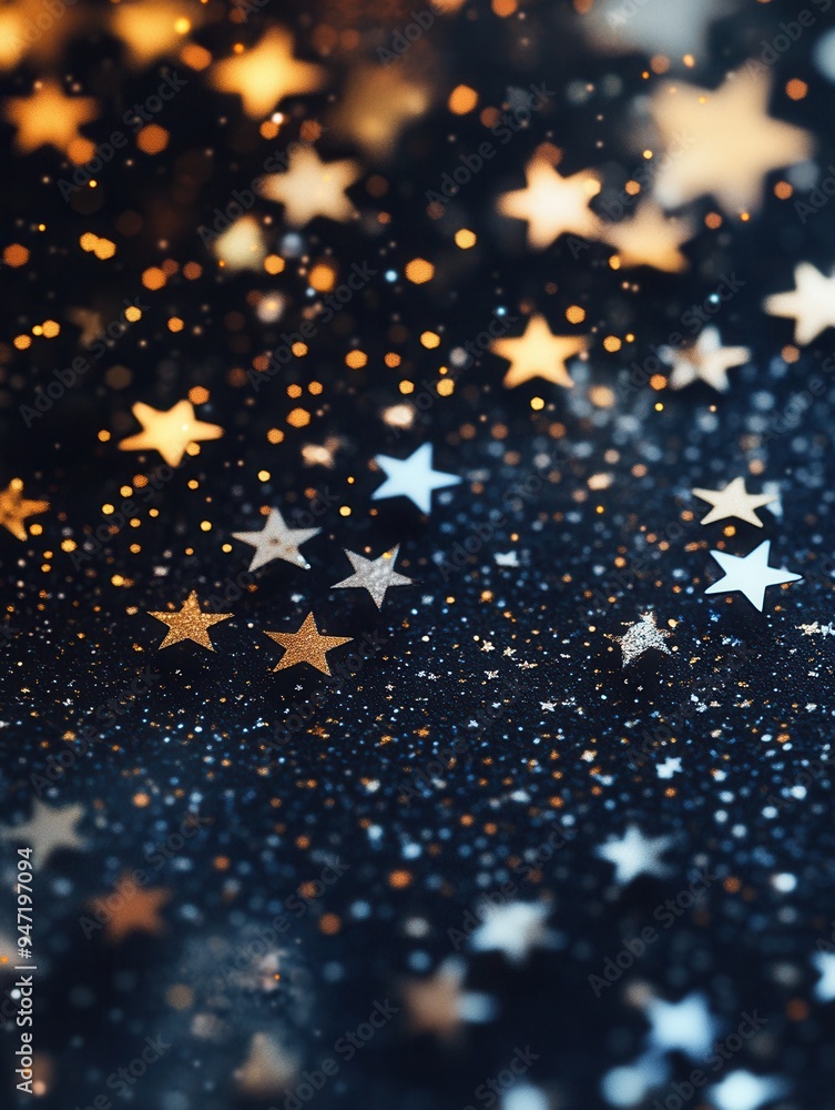 Poster A collection of minimalist abstract stars in different sizes glimmers in gold tones, creating a striking visual amidst a dark background. Generative AI