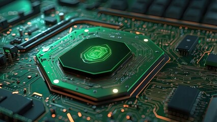 A futuristic-looking, flashing green digital shield on a circuit board backdrop represents the idea of cyber security. 3D Production