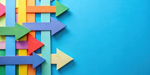 Multicolored cut paper on blue with abstract arrows and direction signs, paper, colorful, blue background, arrows