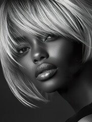 Fototapeta premium A black and white portrait of a melanated fashion female model, short hair cut, hair blowing in the wind