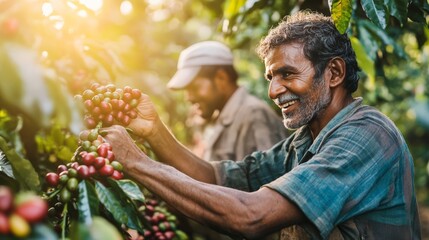 Two farmers smiling and harvesting coffee cherries under sunlight in a lush green plantation, showing agricultural work and crop cultivation.