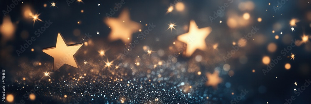 Poster the artwork features shimmering gold stars in various sizes against a deep blue background, evoking 