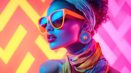 Vibrant fashion portrait of a stylish woman with sunglasses, colorful scarf, and funky background lighting.