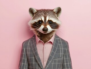 Dapper Man in Tailored Business Suit with Raccoon Mask, Fashionable Men's Formal Attire Concept on Plain Background
