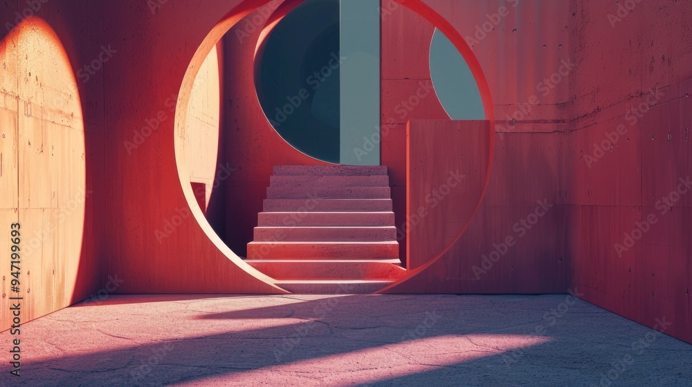 Poster A bright red building with stairs and a unique circular window