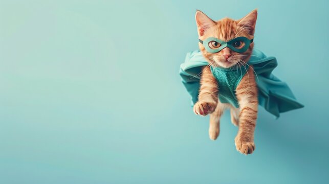Funny cat in super hero costume jumping on blue background with copy space.