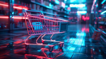 Futuristic shopping cart in neon, glowing red and blue lights.