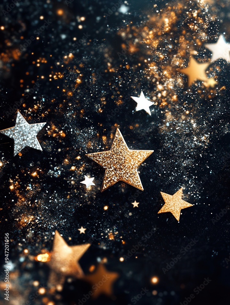 Poster golden and silver stars of varying sizes shimmer against a dark backdrop, creating a serene and eleg