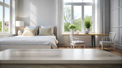 Fototapeta premium Empty Wooden table top in bedroom. Blurred bed and window background