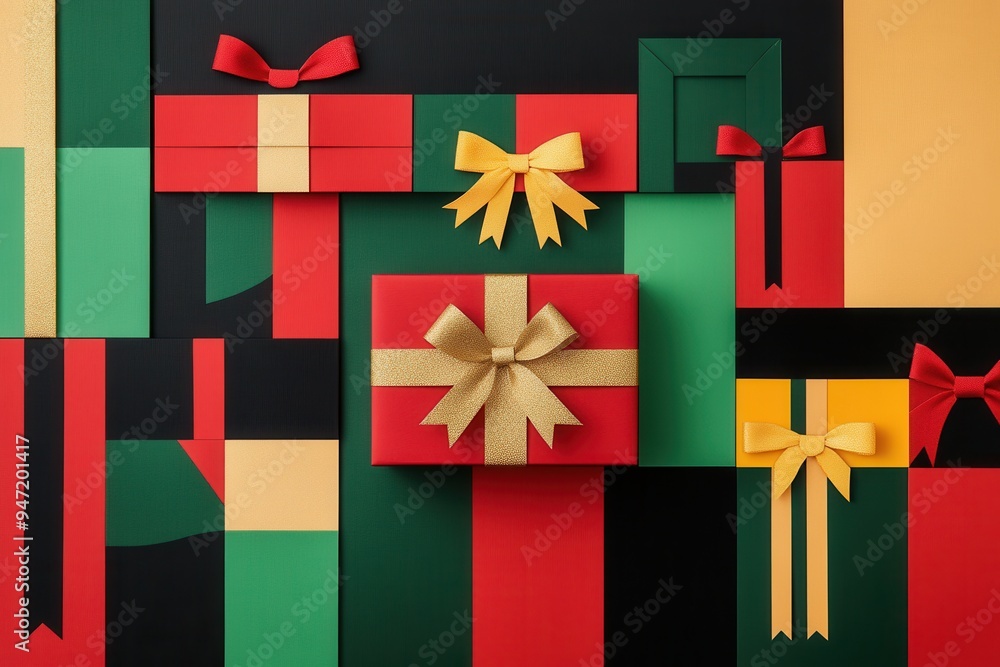 Poster brightly wrapped minimalist christmas gift boxes with colorful ribbons and bows create a lively holi