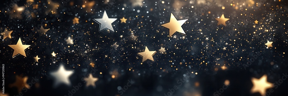 Poster a collection of minimalist stars, varying in sizes and shimmering gold hues, fills the space with a 