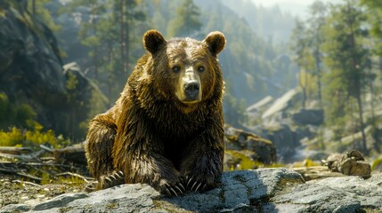 Obraz premium Grizzly Bear Sitting on a Rock in a Mountainous Forest