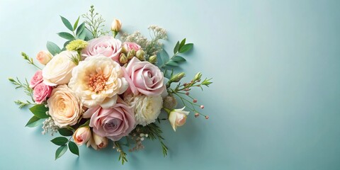 Delicate bouquet with pastel flowers and leaves , floral arrangement, delicate, translucent, soft, ethereal, pastel colors