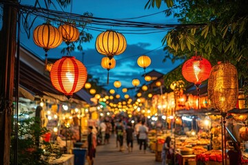 Naklejka premium Night Market Street Food Stall Lanterns Asia Southeast Asia