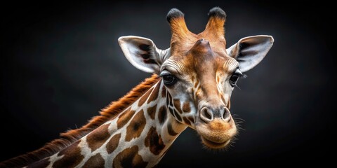 Obraz premium Detailed close-up of a giraffe's face with dark background, giraffe, animal, wildlife, close-up, detail, texture, pattern, spots