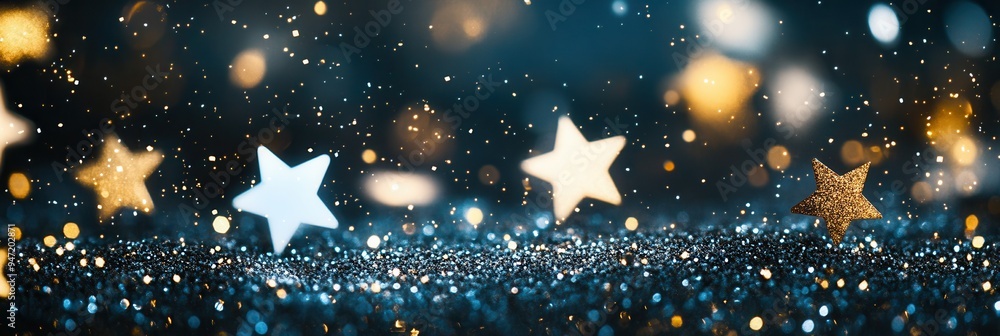 Fototapete Stars in varying sizes shimmer in gold against a sparkling backdrop, creating a calming and enchanting nighttime atmosphere. Generative AI