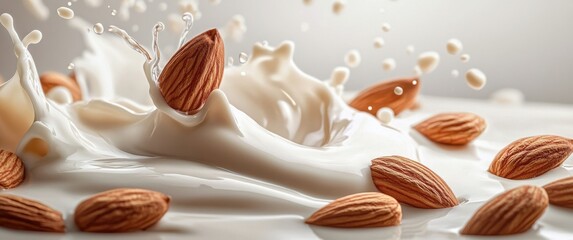 Fototapeta premium Dynamic milk splash with almonds captured mid-motion, isolated on a transparent or white background
