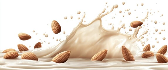 Dynamic milk splash with almonds captured mid-motion, isolated on a transparent or white background