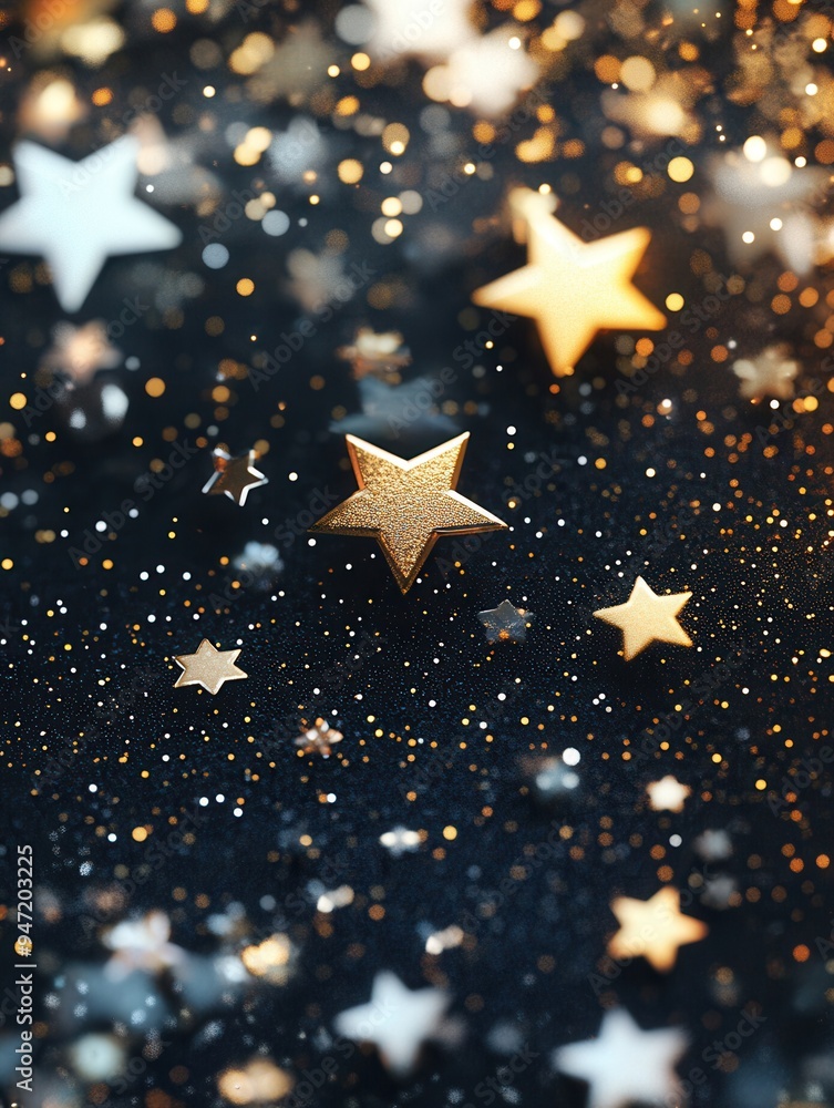 Poster Golden stars of various sizes twinkle against a dark background, creating an enchanting and serene ambiance perfect for night inspiration. Generative AI