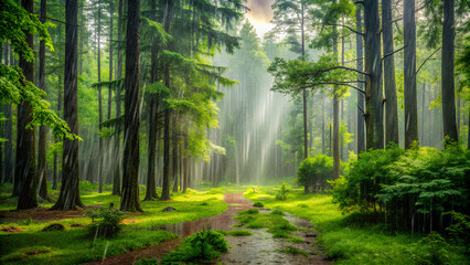 Gentle rain falling on a lush green forest