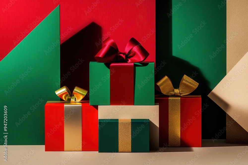 Poster festive gift boxes crafted in geometric shapes feature vibrant ribbons, creating a minimalist yet ch