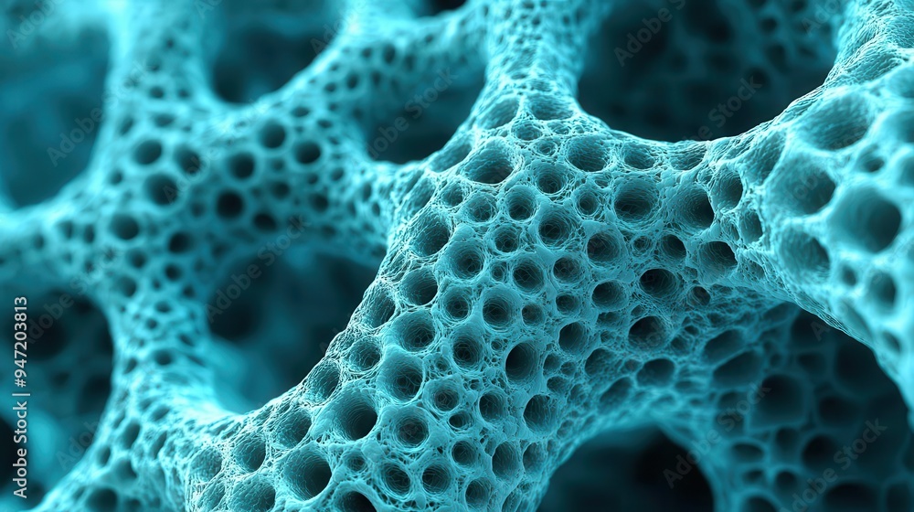 Poster close-up view of intricate and textured blue cellular structure, showcasing organic patterns and por