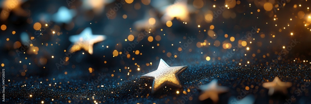 Aufkleber Abstract golden stars of varying sizes shimmer softly against a deep background, evoking a sense of wonder and tranquility. Generative AI