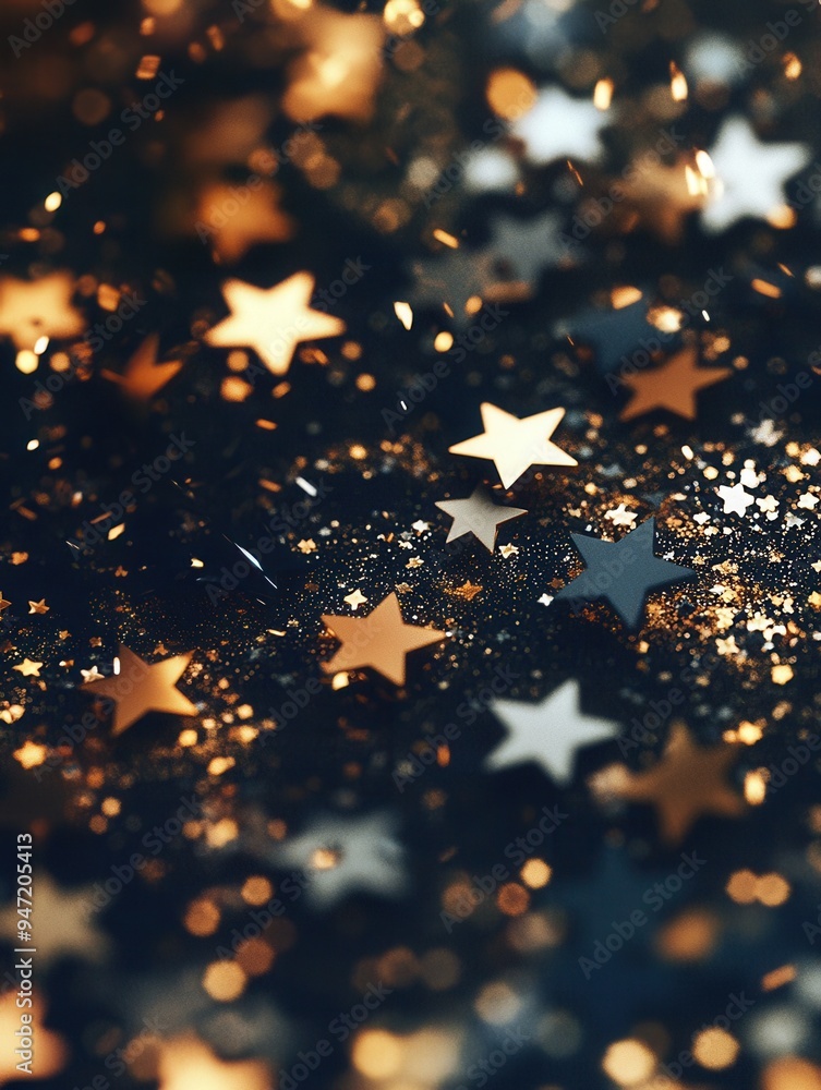 Poster abstract stars in various sizes sparkle in gold against a dark background, adding a magical touch pe