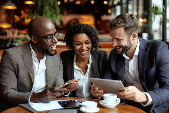 Office Conference Room Meeting: Diverse Team of Top Managers Talk, Brainstorm, Use Digital Tablet. Business Partners Discuss Financial Reports, Plan Investment Strategy. Team of Three