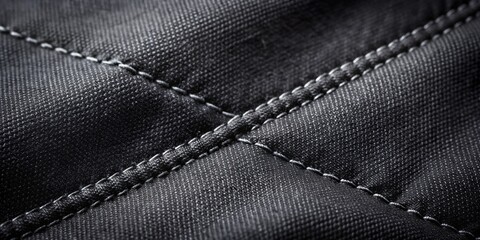Black minimalistic geometric cotton fabric with visible stitching on dark background, cotton, fabric