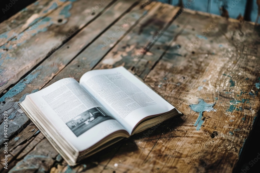 Poster a book lying open on a rustic wooden table, perfect for use in educational or office settings