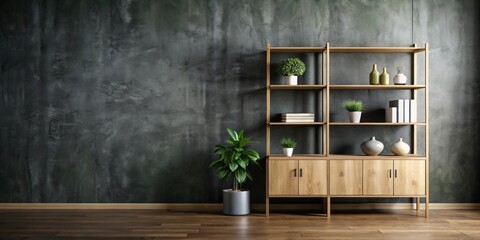 Shelving unit and cabinet hanging against dark wall, shelving, unit, cabinet, dark, wall, interior, storage, organized