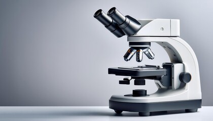 A sleek, modern microscope on a table with a neutral backdrop, ideal for laboratory, research, and educational themes.